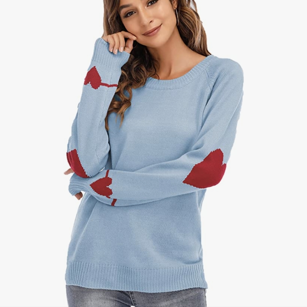 Women's Cute Heart Pattern Elbow Patchwork Casual Crewneck Knitted Sweaters Pull